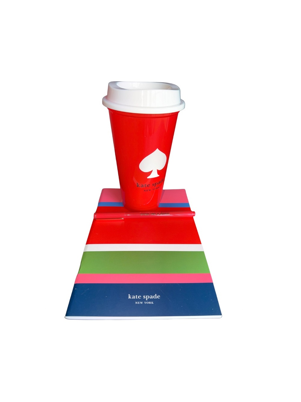 kate spade Red Travel Tumbler, Striped Notebook & Pen Set